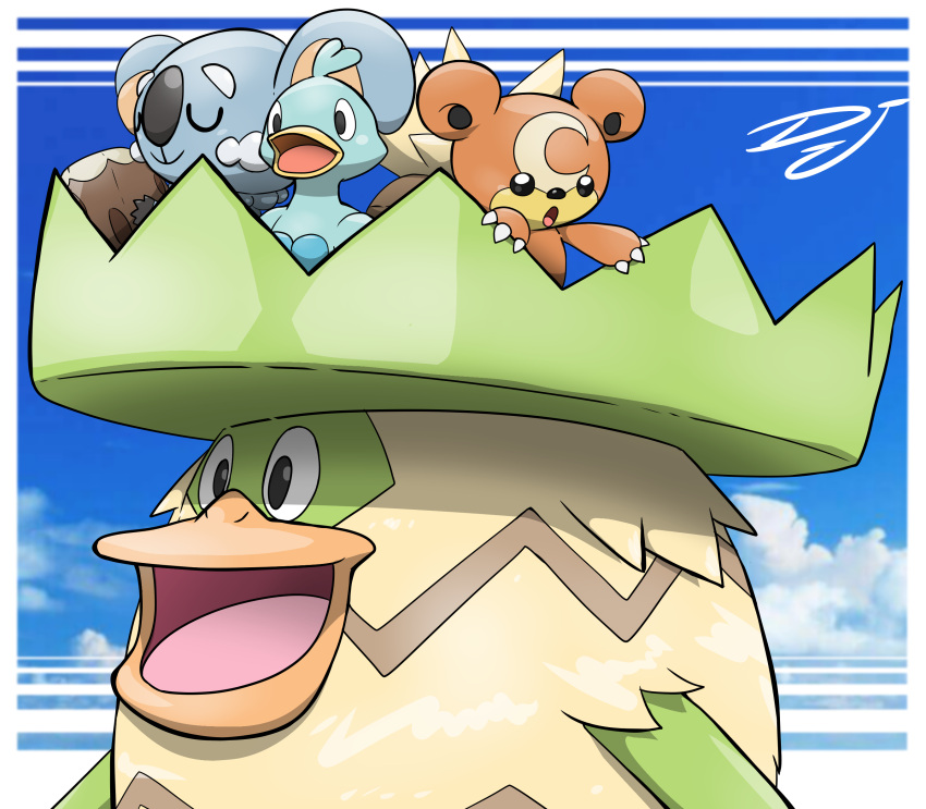 :d, black_eyes, border, clouds, commentary, day, ducklett, highres, inkbooba, komala, ludicolo, no_humans, open_mouth, outdoors, pokemon, pokemon_(creature), riding, riding_pokemon, sky, smile, teddiursa, tongue, white_border