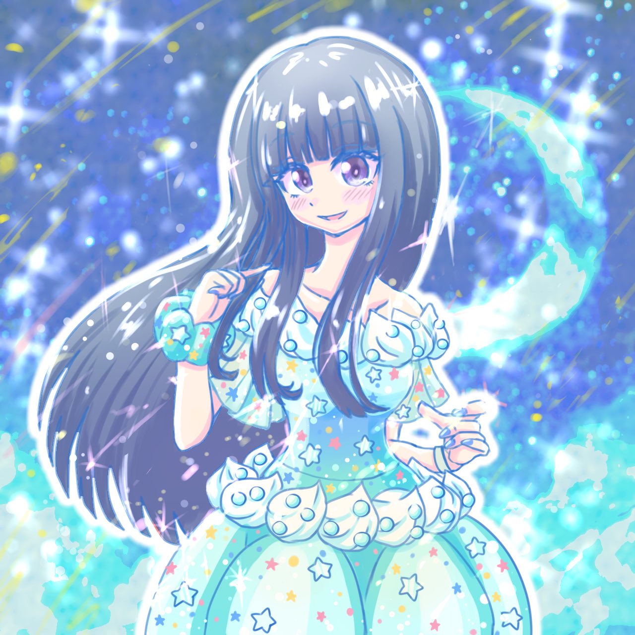 1girl, bare_shoulders, black_hair, blue_dress, blue_nails, blue_scrunchie, blunt_bangs, blurry, blurry_background, blush_stickers, breasts, collarbone, cowboy_shot, crescent, dress, fingernails, floating_hair, food-themed_clothes, gems_company, hand_up, hase_mikoto, head_tilt, highres, holding, holding_own_hair, long_hair, looking_at_viewer, medium_breasts, nail_polish, norimi908, off-shoulder_dress, off_shoulder, open_mouth, outline, raised_eyebrows, scrunchie, short_sleeves, sidelocks, smile, solo, sparkle, star_(symbol), thick_eyelashes, turning_head, very_long_hair, violet_eyes, white_outline, white_wristband, wrist_scrunchie