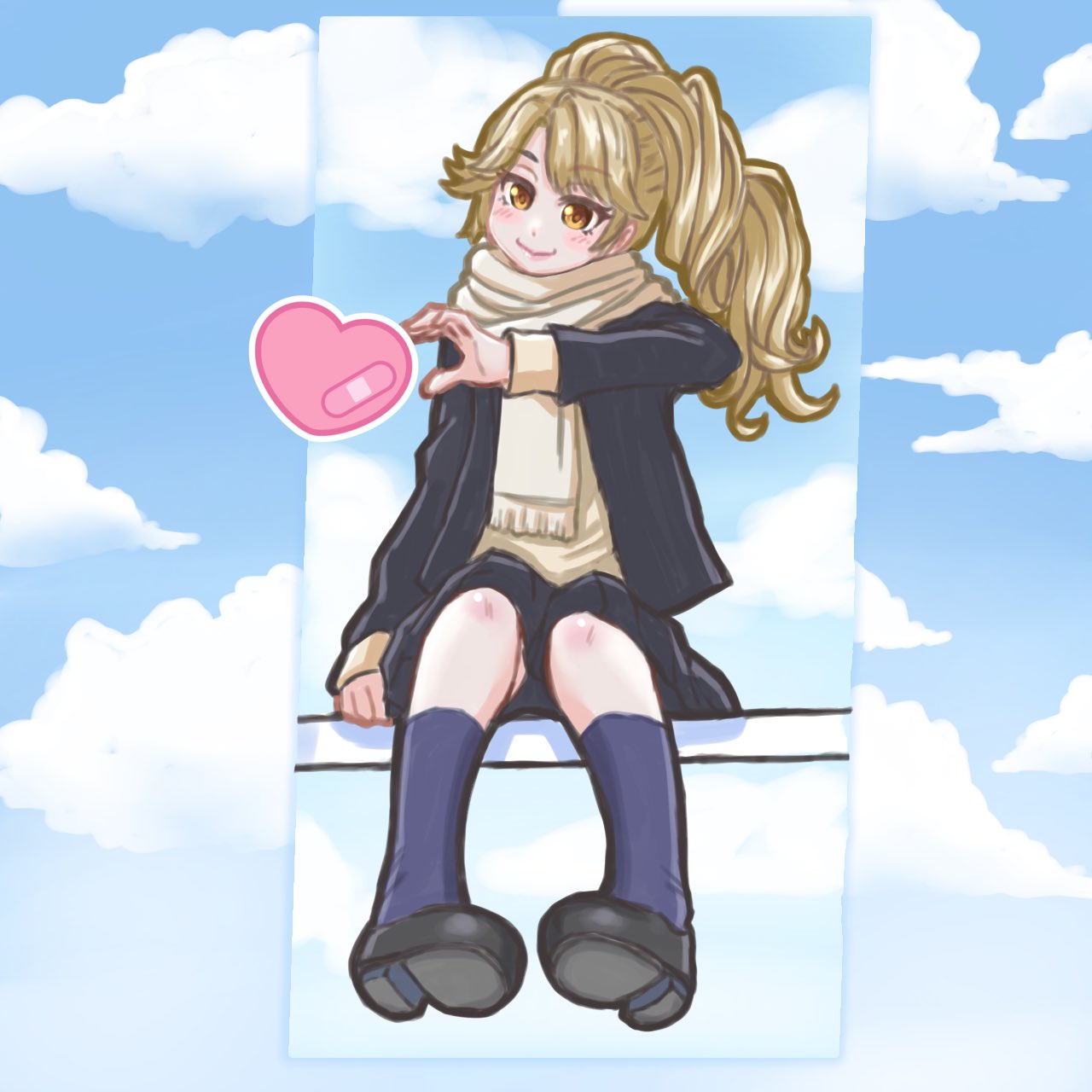 1girl, bandaid, black_footwear, black_jacket, black_skirt, blonde_hair, blue_sky, blue_socks, blush_stickers, brown_eyes, brown_scarf, brown_shirt, closed_mouth, clouds, cloudy_sky, commentary_request, day, fringe_trim, full_body, gems_company, half-heart_hands, hand_up, head_tilt, heart, high_ponytail, highres, ichimonji_maya, jacket, knee_blush, long_hair, long_sleeves, looking_at_viewer, norimi908, open_clothes, open_jacket, outdoors, parted_bangs, pigeon-toed, ringlets, scarf, school_uniform, shirt, shoe_soles, sitting, skirt, sky, smile, socks, solo, thick_eyelashes, thick_outlines
