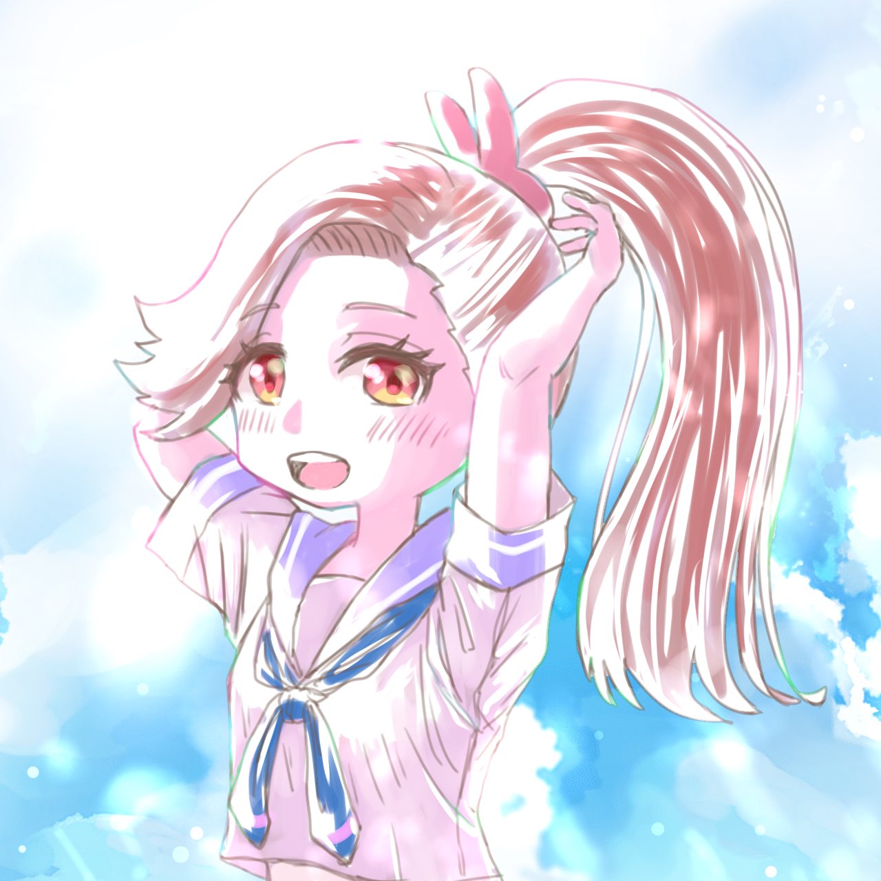 1girl, :d, arms_behind_head, arms_up, asymmetrical_bangs, blue_neckerchief, blue_sailor_collar, blue_sky