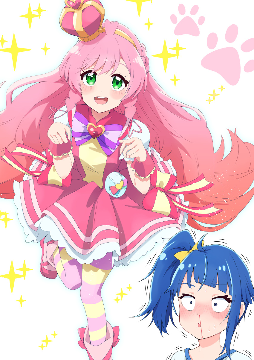 2girls, absurdres, arched_crown, blood, blue_eyes, blue_hair, blue_shirt, boots
