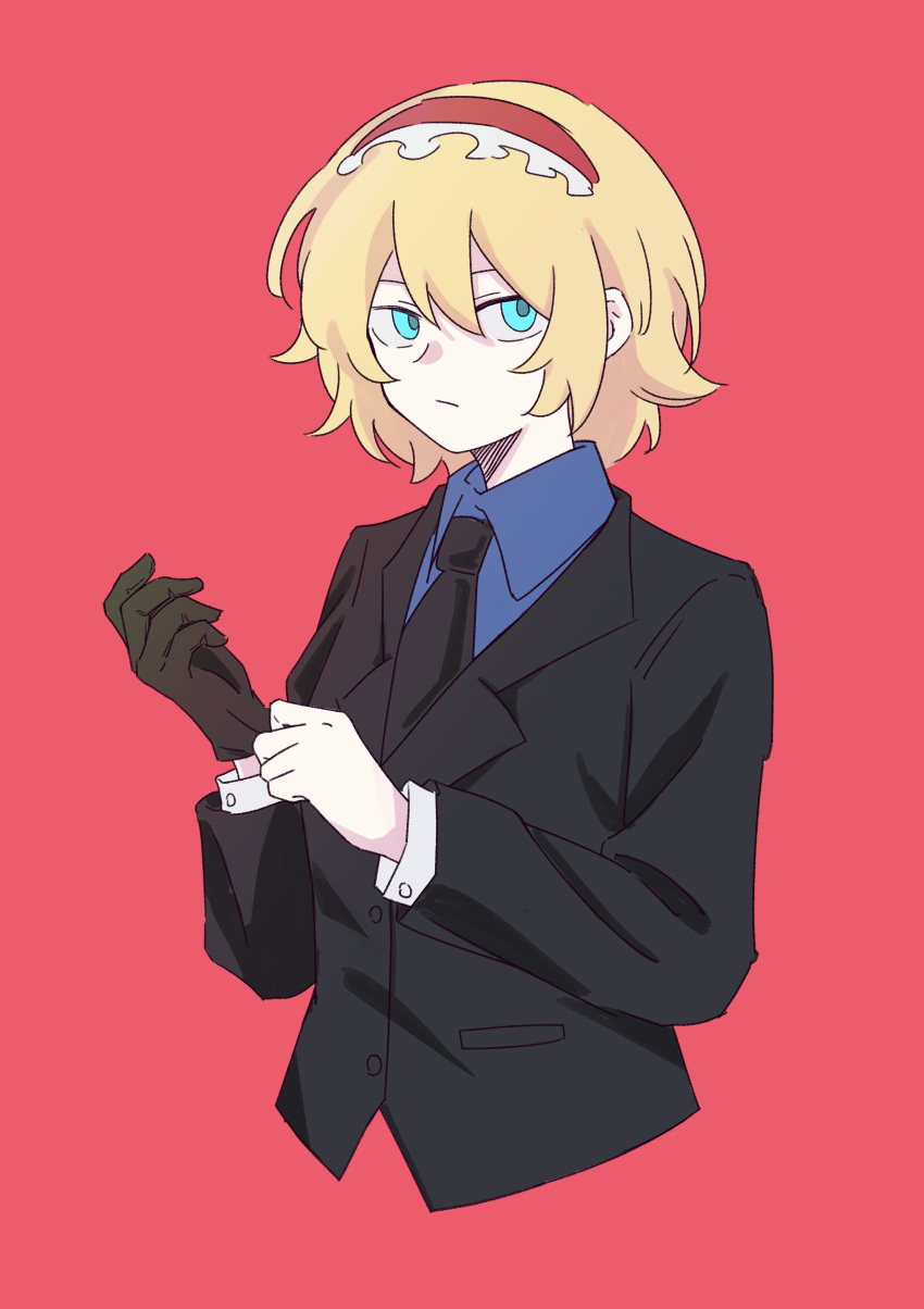 1girl, absurdres, alice_margatroid, black_gloves, black_jacket, black_necktie, blonde_hair, blue_eyes
