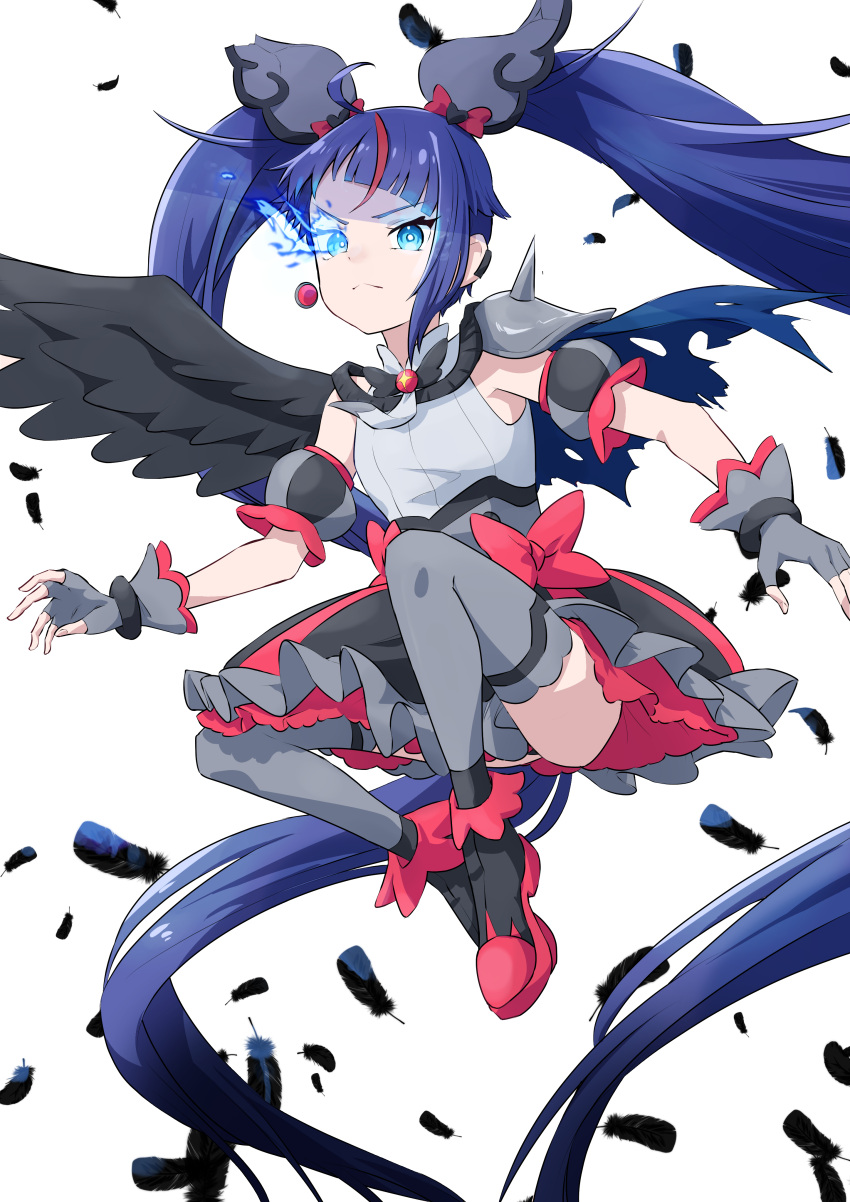 1girl, absurdres, ankle_boots, armor, black_footwear, black_wings, blue_eyes, blue_hair