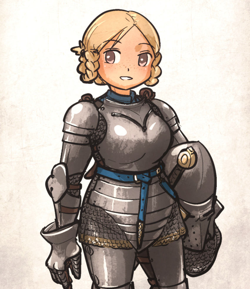 1girl, armet, armor, blonde_hair, breastplate, full_armor, gauntlets, helmet