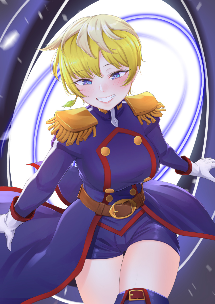 1girl, absurdres, anti-demon_corps_uniform, atpoppet, blonde_hair, blue_eyes, boots, earrings, epaulettes, gloves, grin, highres, izumo_tenka, jacket, jewelry, mato_seihei_no_slave, micro_shorts, military_jacket, military_uniform, multicolored_hair, purple_jacket, purple_shorts, short_hair, shorts, single_earring, smile, solo, tassel, tassel_earrings, teeth, thigh_boots, two-tone_hair, uniform, white_gloves, white_hair