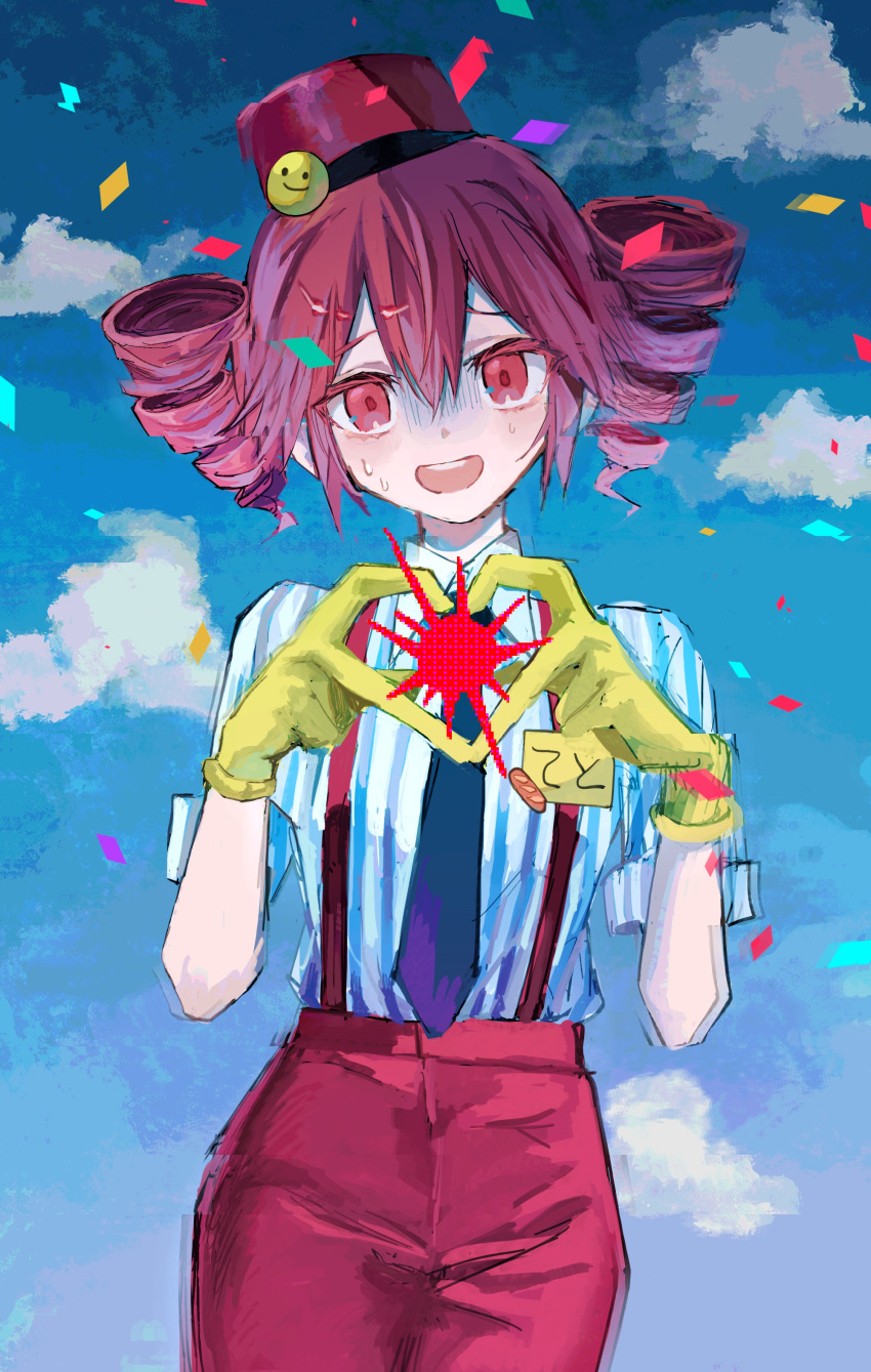 1girl, 4-finger_heart_hands, absurdres, alternate_costume, blue_shirt, blue_sky, clouds, collared_shirt