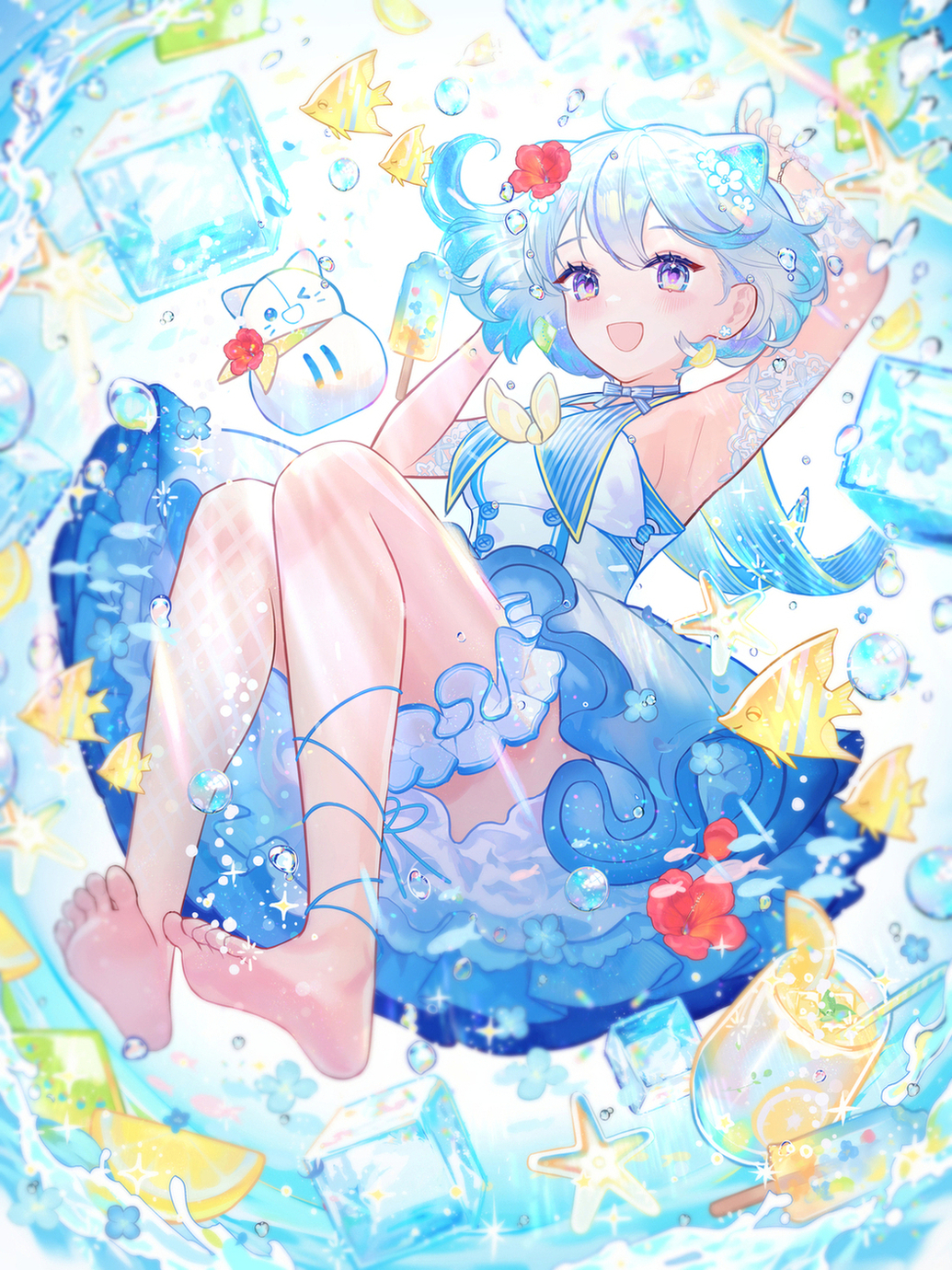 1girl, :d, ;d, ahoge, armpits, barefoot, blue_dress, blue_eyes, blue_hair, blush, bracelet, ceeras_(iriam), dress, drink, feet, fish, flower, food, frilled_dress, frills, fruit, full_body, hair_between_eyes, hair_flower, hair_ornament, hamaru_log, hibiscus, highres, ice, ice_cube, iriam, jewelry, kiwi_(fruit), kiwi_slice, lemon, lemon_slice, miria_(iriam), multicolored_hair, one_eye_closed, open_mouth, popsicle, red_flower, second-party_source, smile, starfish, two-tone_hair, water, white_hair