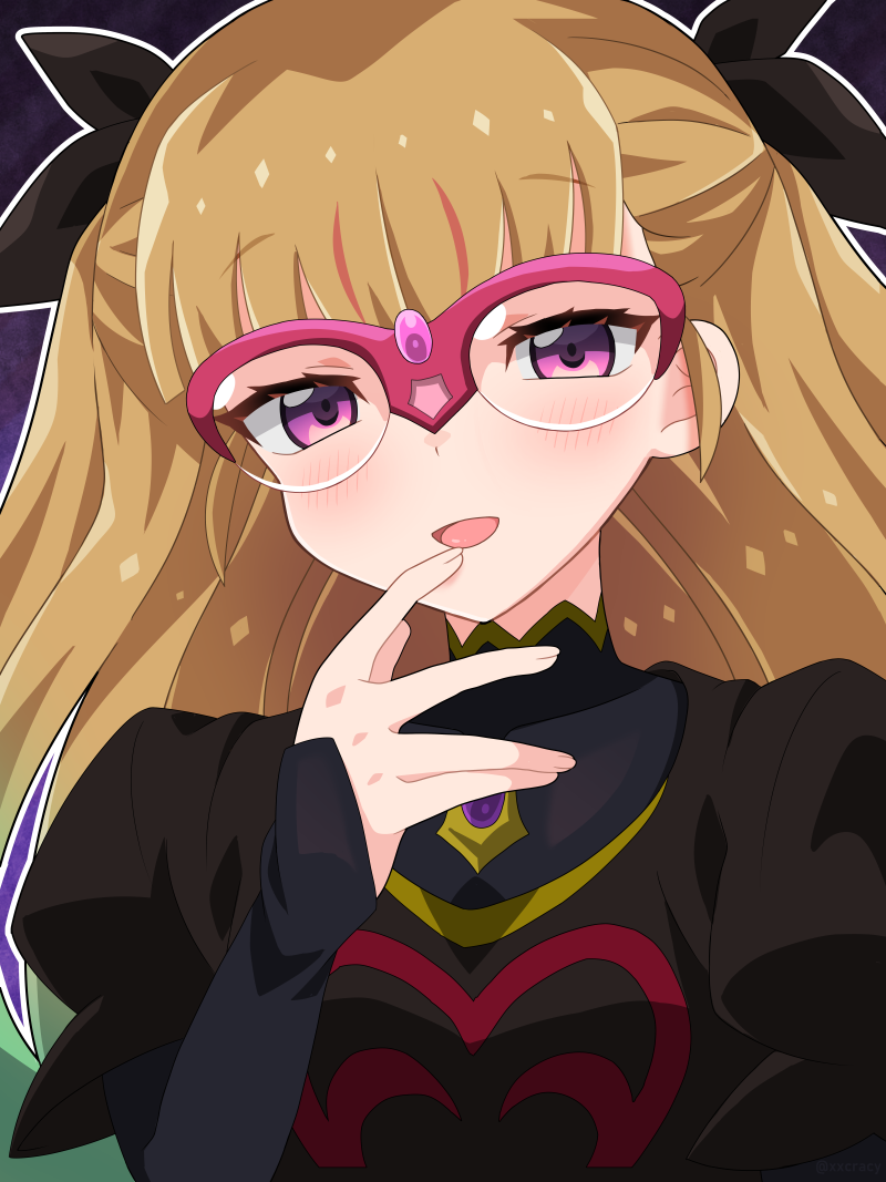 1girl, black_dress, black_hair, black_ribbon, blush, brown_hair, dress, glasses