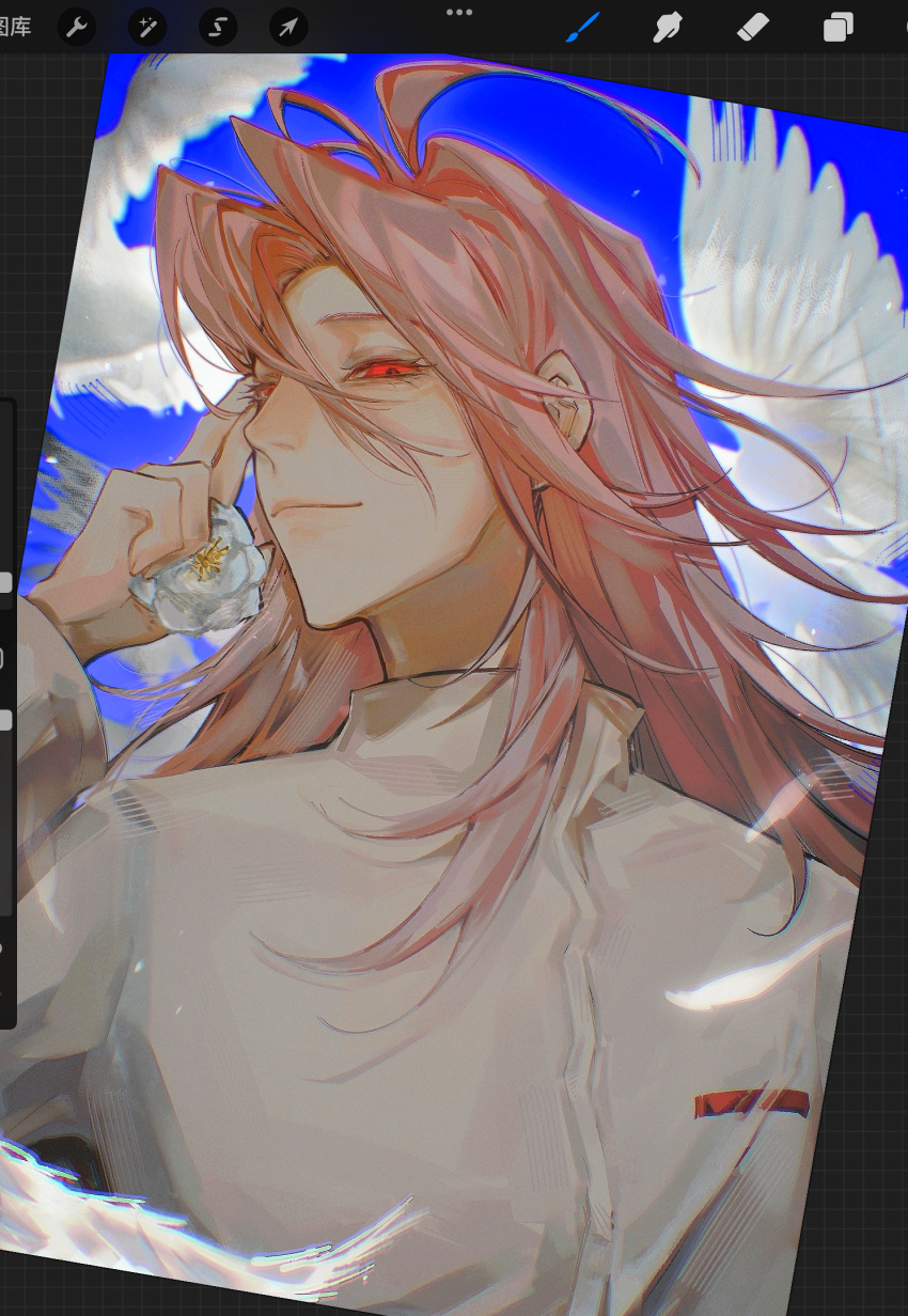 1boy, ahoge, art_program_in_frame, bird, blue_sky, chinese_commentary, closed_mouth, commentary_request
