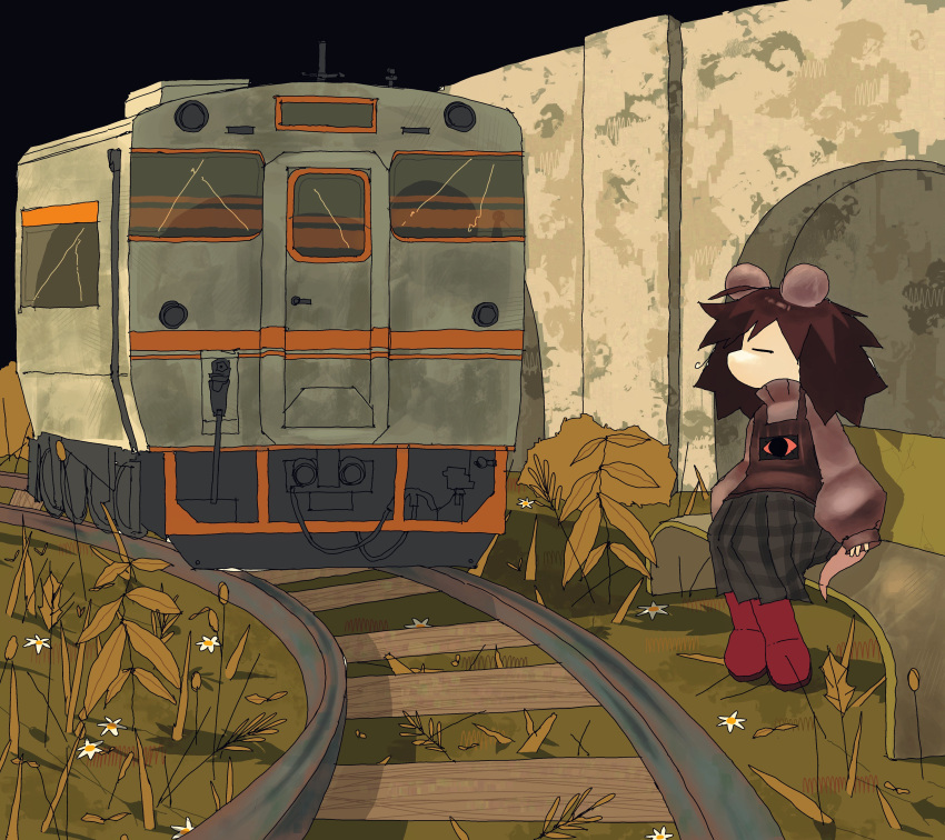 1girl, =_=, absurdres, animal_ears, bench, birdweon, black_skirt, boots