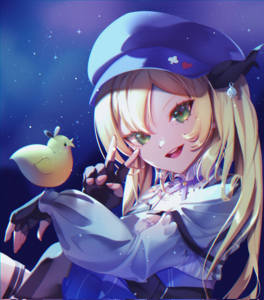 1girl, black_gloves, blonde_hair, blue_background, blue_dress, blue_hat, blue_theme, cropped_jacket