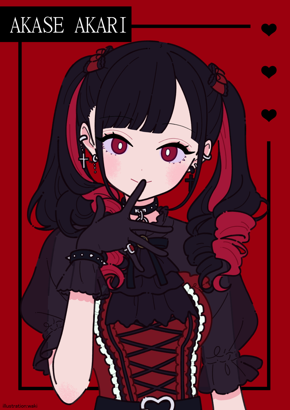 1girl, akase_akari, black_bow, black_gloves, black_hair, black_shirt, bow, breasts