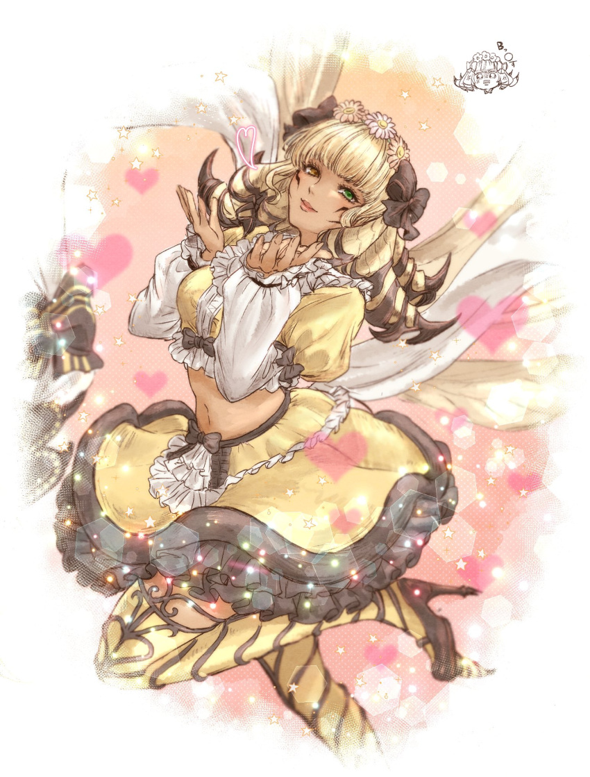 1girl, arthropod_girl, bee_girl, bee_wings, blonde_hair, bow, cropped_legs, facial_mark, final_fantasy, final_fantasy_xiv, flower, flower_wreath, foot_out_of_frame, frilled_shirt, frilled_skirt, frilled_sleeves, frills, from_above, green_eyes, hair_bow, hair_flower, hair_ornament, hands_up, head_wreath, heart, heterochromia, high_heels, highres, honey_b._lovely, juliet_sleeves, leg_up, long_sleeves, looking_at_viewer, mcarkp_ff, medium_hair, multicolored_hair, navel, puffy_sleeves, shirt, skirt, skirt_set, smile, solo, sparkle, star_(symbol), stiletto_heels, thigh-highs, two-tone_hair, yellow_eyes, yellow_shirt, yellow_skirt, yellow_thighhighs