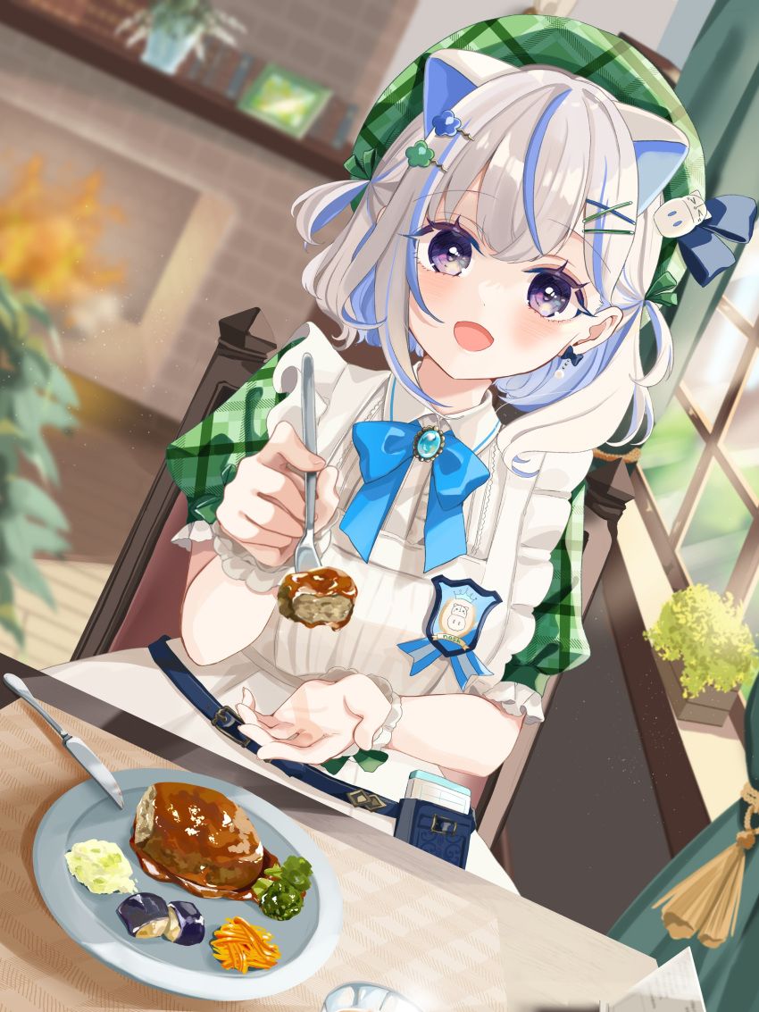 1girl, :d, absurdres, animal_ears, apron, beret, blue_bow, blue_bowtie