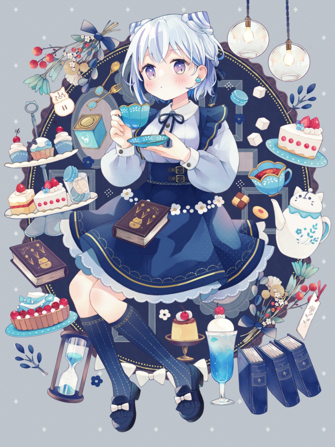 1girl, belt, blue_footwear, blue_hair, blue_socks, blush, book, bookmark