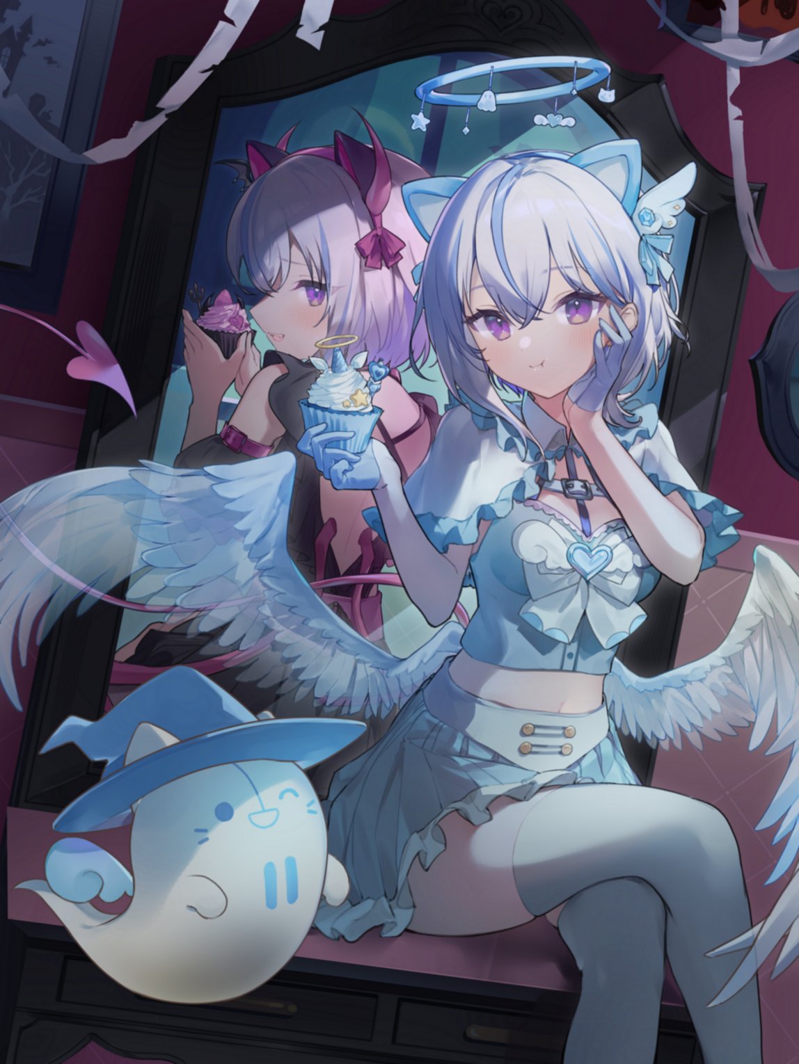 2girls, ;d, angel_wings, animal_ears, belt_buckle, black_dress, blue_gloves, blue_hair