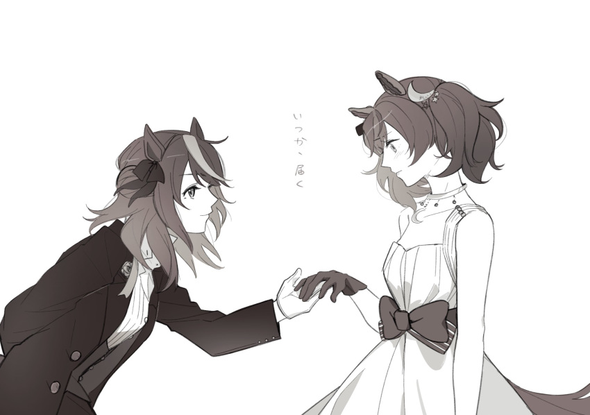 2girls, animal_ears, bow, breasts, closed_mouth, crescent, crescent_hair_ornament, dress