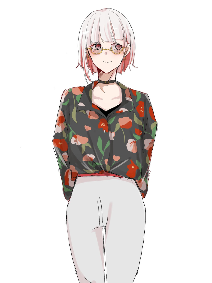 1girl, alternate_costume, arms_behind_back, bespectacled, black_choker, black_shirt, bob_cut, choker