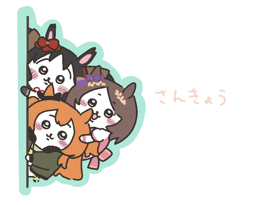 3girls, :3, animal_ears, black_hair, blush_stickers, brown_hair, chiikawa, closed_mouth