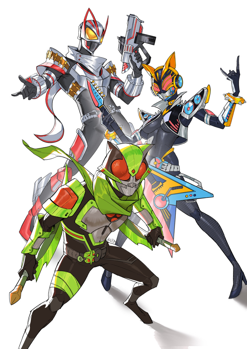 1girl, 2boys, \m/, absurdres, animal_ears, armor, beat_axe, beat_buckle
