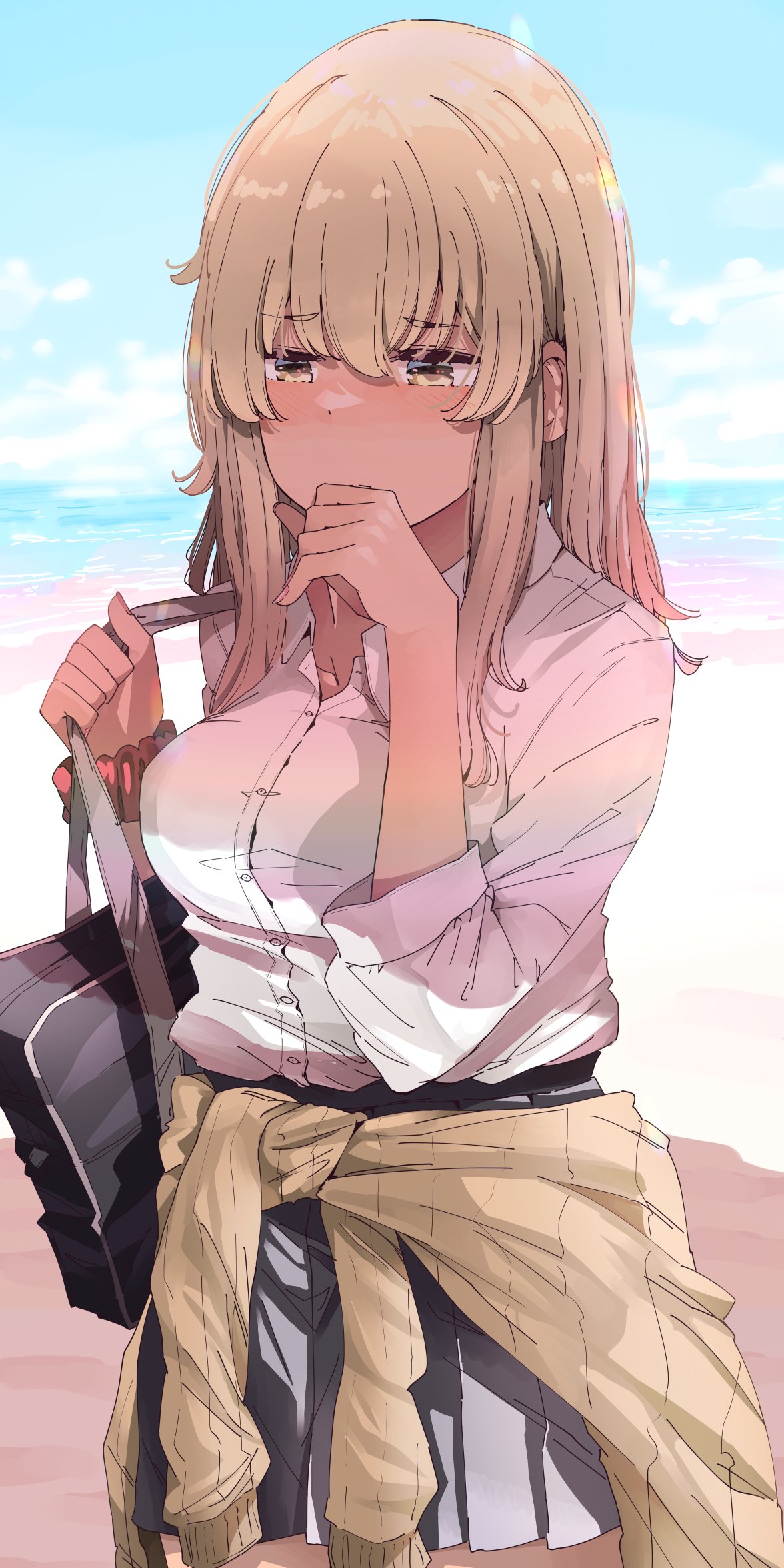 1girl, bag, beach, blonde_hair, blush, breasts, clothes_around_waist, collared_shirt