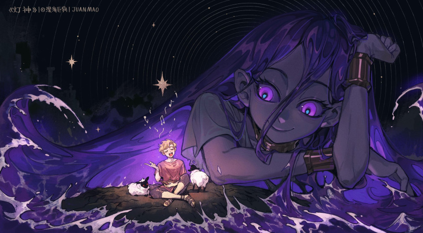 1boy, 1girl, :d, black_sclera, blonde_hair, bracelet, circle, closed_eyes