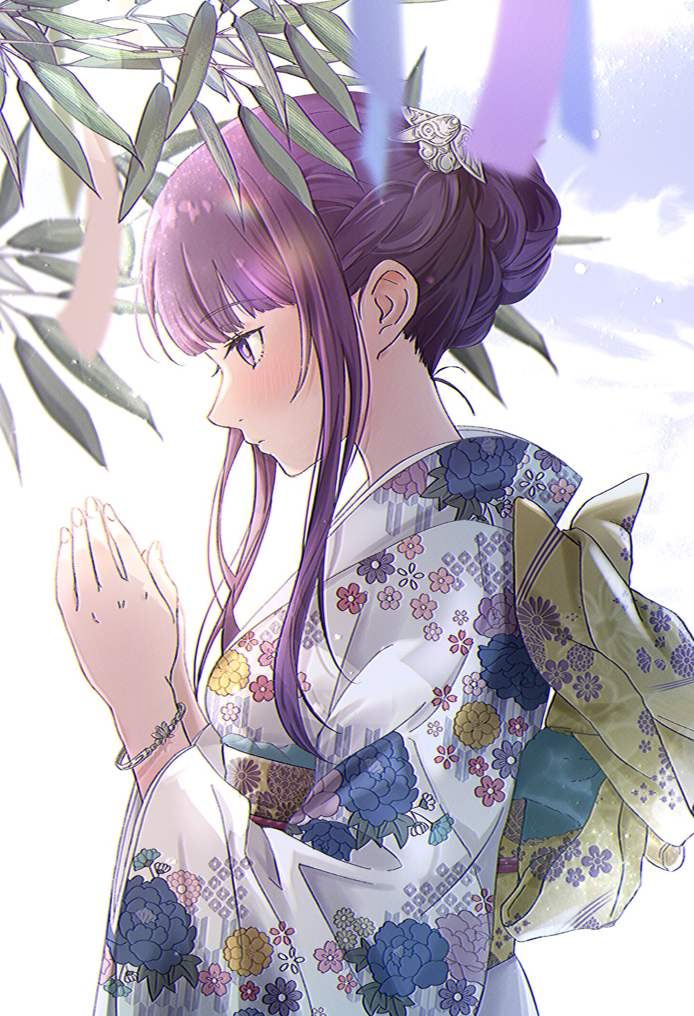 1girl, alternate_costume, blush, closed_mouth, fern_(sousou_no_frieren), floral_print, highres, japanese_clothes