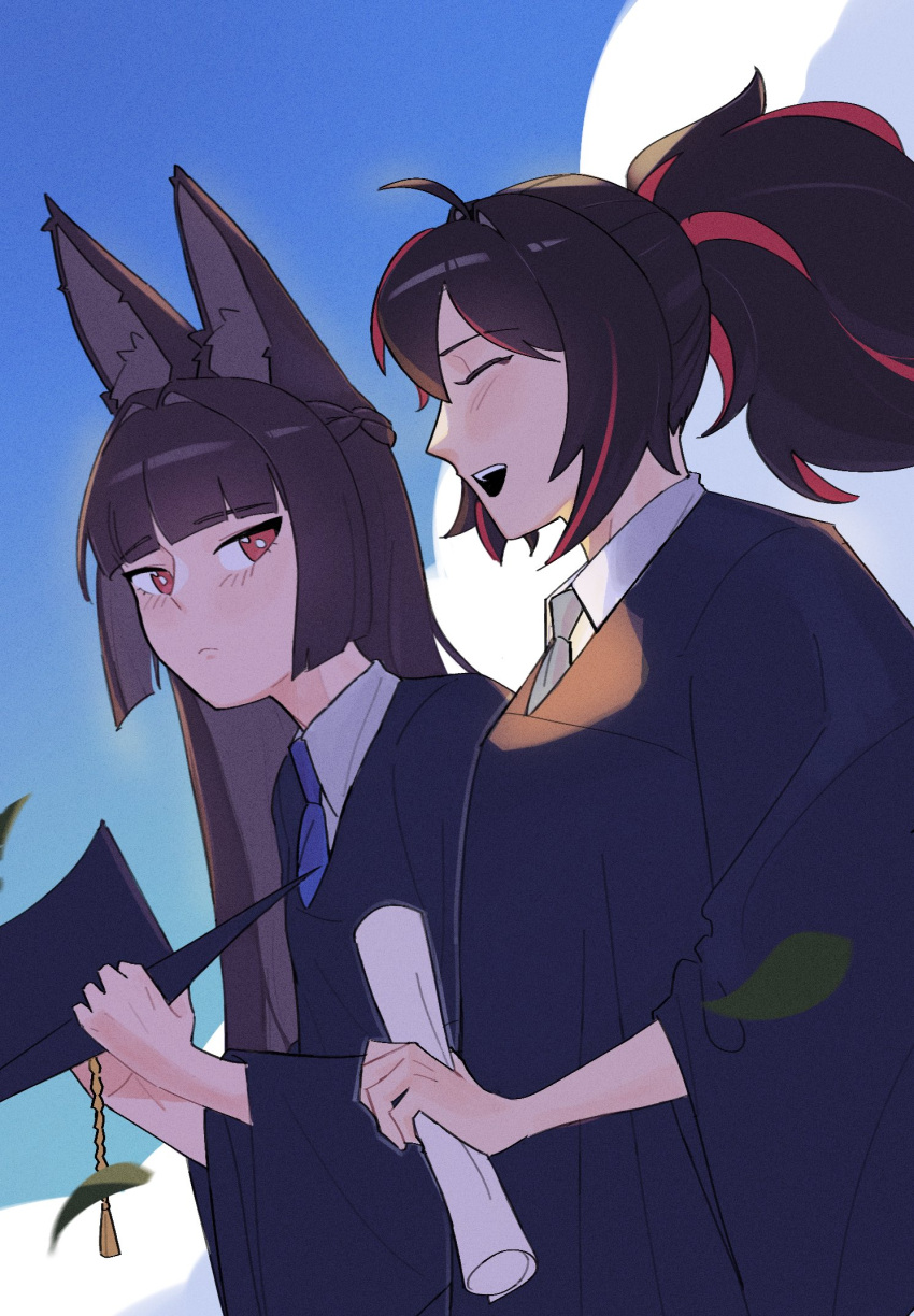 2girls, animal_ears, black_hair, black_robe, blue_sky, blush, brown_hair, closed_eyes, closed_mouth, clouds, collared_shirt, commentary, diploma, eimikosmoothie, english_commentary, falling_leaves, fox_ears, graduation, hat, highres, holding_diploma, hoshimi_miyabi, leaf, long_hair, looking_at_another, mortarboard, multicolored_hair, multiple_girls, open_mouth, outdoors, ponytail, red_eyes, redhead, robe, shirt, sky, smile, streaked_hair, white_shirt, zenless_zone_zero, zhu_yuan