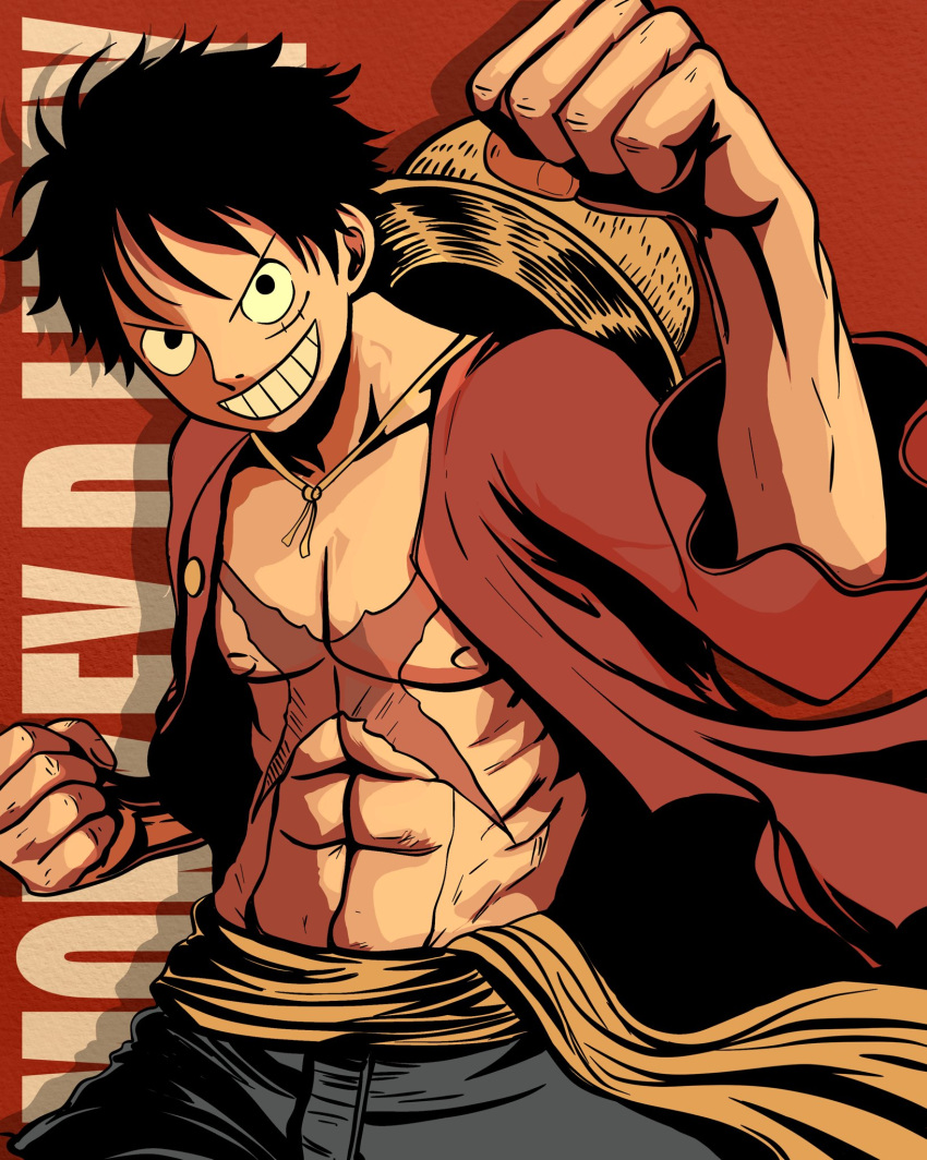 1boy, abs, black_eyes, black_hair, character_name, clenched_hands, commentary, english_commentary, hat, highres, male_focus, monkey_d._luffy, one_piece, open_clothes, open_shirt, prenkuchan, red_shirt, scar, scar_on_cheek, scar_on_chest, scar_on_face, shirt, short_hair, smile, solo, straw_hat, teeth, unworn_hat, unworn_headwear
