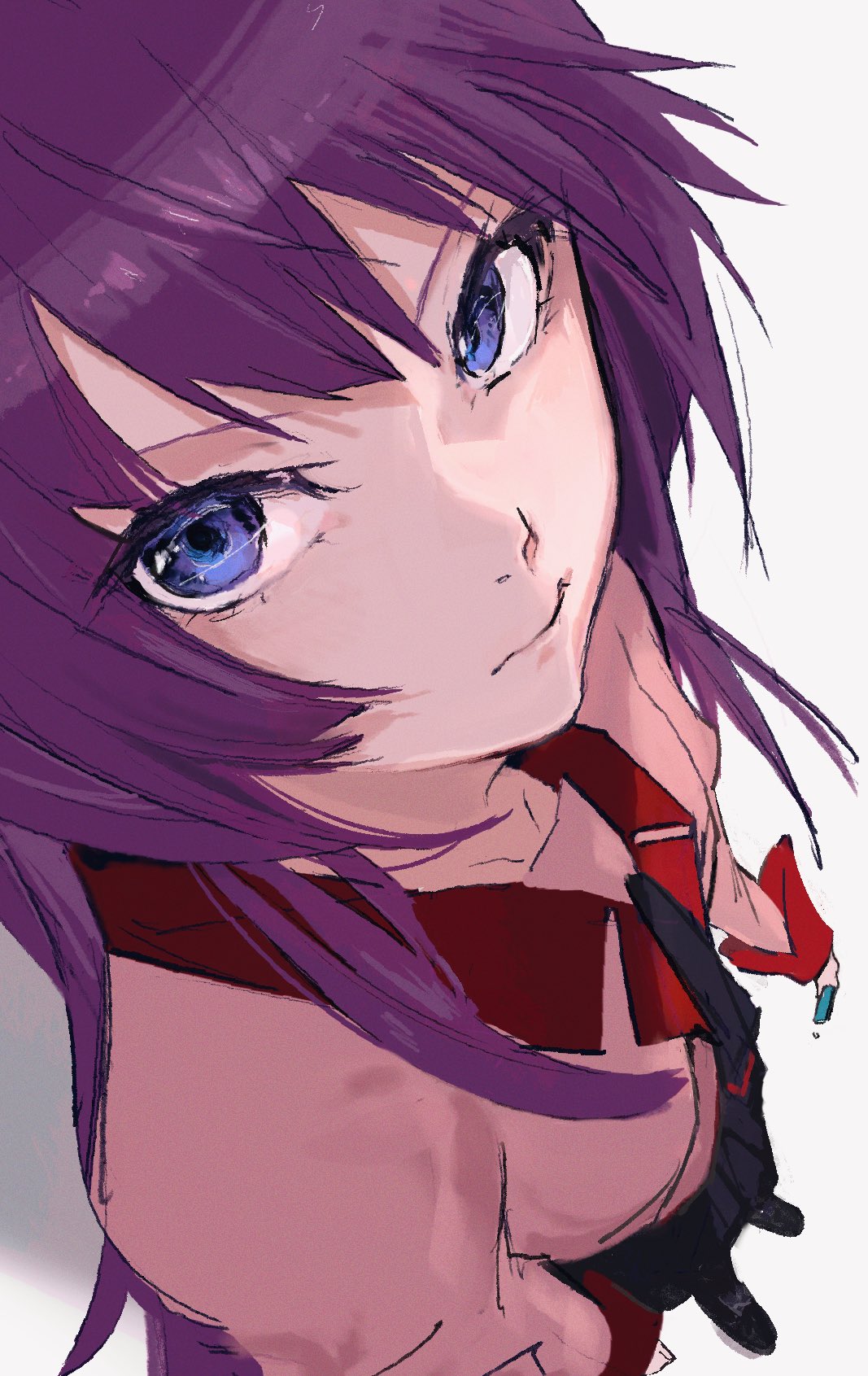1girl, bakemonogatari, black_footwear, black_skirt, blue_eyes, closed_mouth, commentary, foreshortening, from_above, grey_background, highres, holding, juliet_sleeves, long_hair, long_sleeves, looking_at_viewer, moku_(muooku), monogatari_(series), naoetsu_high_school_uniform, pleated_skirt, puffy_sleeves, purple_hair, school_uniform, senjougahara_hitagi, shadow, simple_background, skirt, solo, symbol-only_commentary