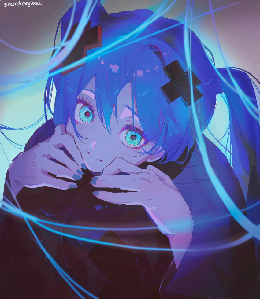 1girl, black_pantyhose, black_theme, blue_eyes, blue_hair, blue_nails, blue_theme, closed_mouth, commentary_request, expressionless, eyelashes, eyes_visible_through_hair, feet_out_of_frame, fingernails, from_above, glowing, glowing_hair, grey_background, hair_between_eyes, hair_flowing_over, hair_ornament, hands_on_own_knees, hatsune_miku, head_rest, highres, kneeling, knees_to_chest, korean_commentary, kowareta_sekai_to_utaenai_miku, light_blush, limited_palette, long_eyelashes, long_hair, long_sleeves, looking_at_viewer, looking_up, maengkkong8852, pantyhose, project_sekai, raised_eyebrows, sidelocks, simple_background, solo, straight_hair, tareme, twintails, twitter_username, upper_body, utaenai_miku, very_long_hair, vocaloid, wide-eyed, wide_sleeves, x_hair_ornament