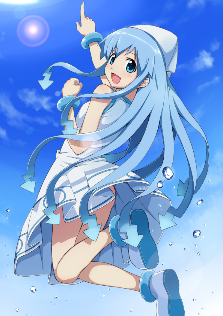 blue_eyes, blue_hair, boots, bracelet, cloud, dress, e-suke, hat