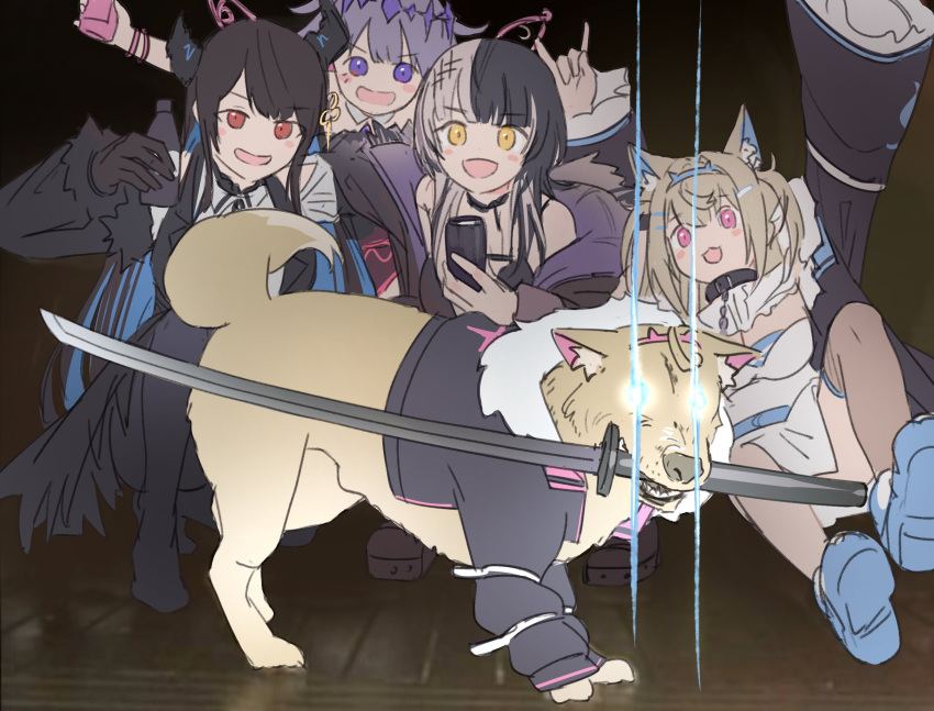 4girls, \n/, animal_ear_fluff, animal_ears, animalization, arm_up, black_coat, black_dress