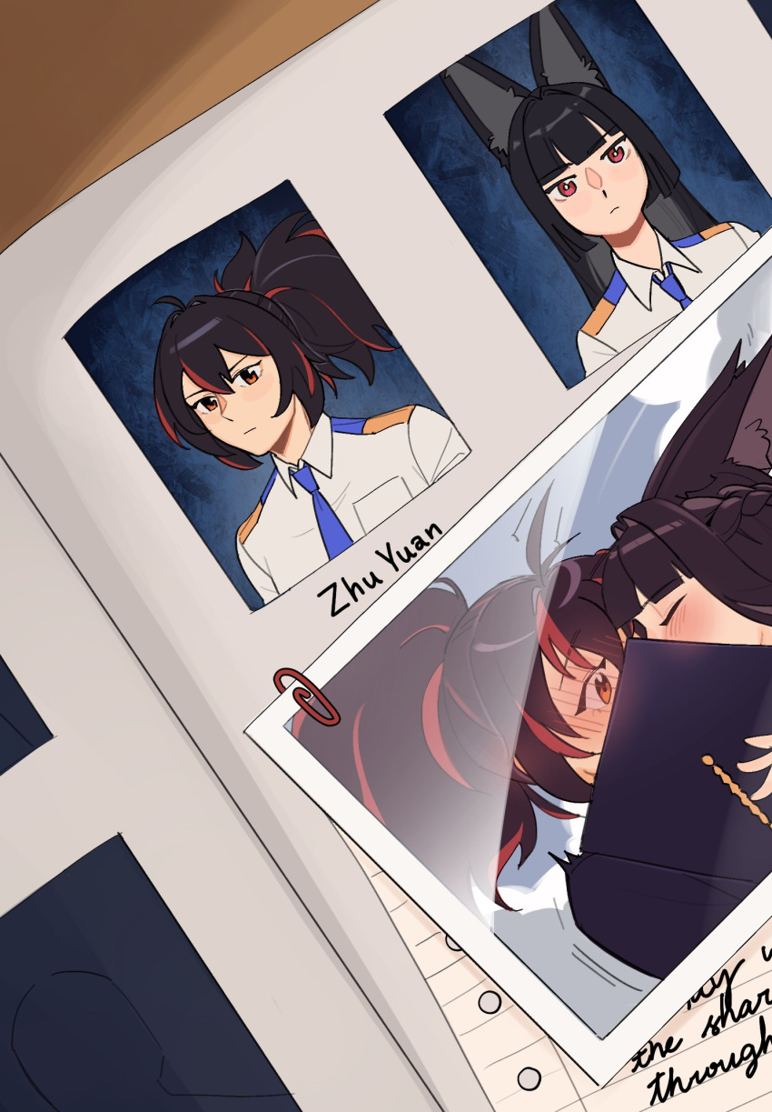 2girls, animal_ears, black_hair, blue_necktie, blush, closed_eyes, closed_mouth, collared_shirt