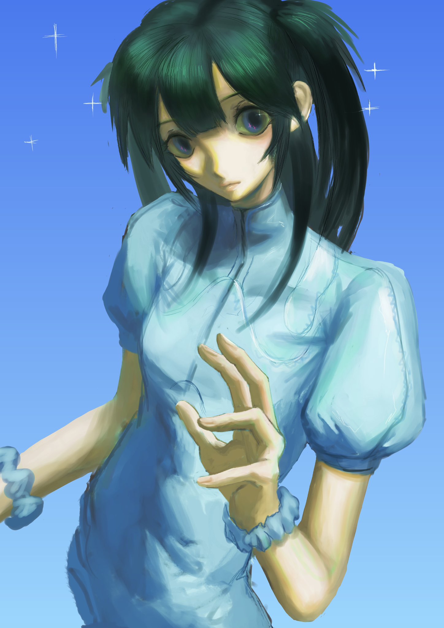 1girl, blue_background, blue_eyes, blue_shirt, blunt_bangs, gradient_background, hair_behind_ear, high_collar
