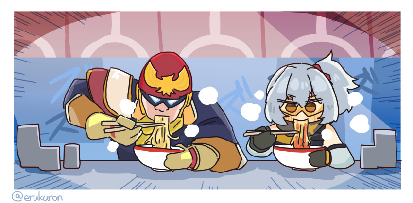 1boy, 1girl, bowl, captain_falcon, chibi, chopsticks, crossover, detached_sleeves, f-zero, food, food_stand, gloves, grey_hair, helmet, highres, holding, holding_bowl, lcron, noodles, orange_eyes, ponytail, ramen, side_ponytail, sitting, sleeveless, soldier_11_(zenless_zone_zero), zenless_zone_zero