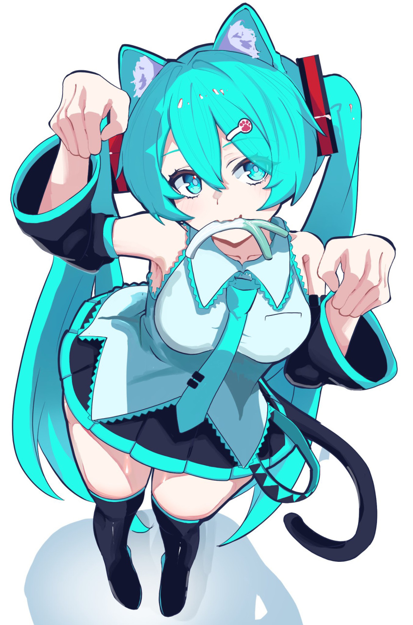 1girl, animal_ears, aqua_eyes, aqua_hair, aqua_necktie, aqua_trim, armpit_crease, bare_shoulders