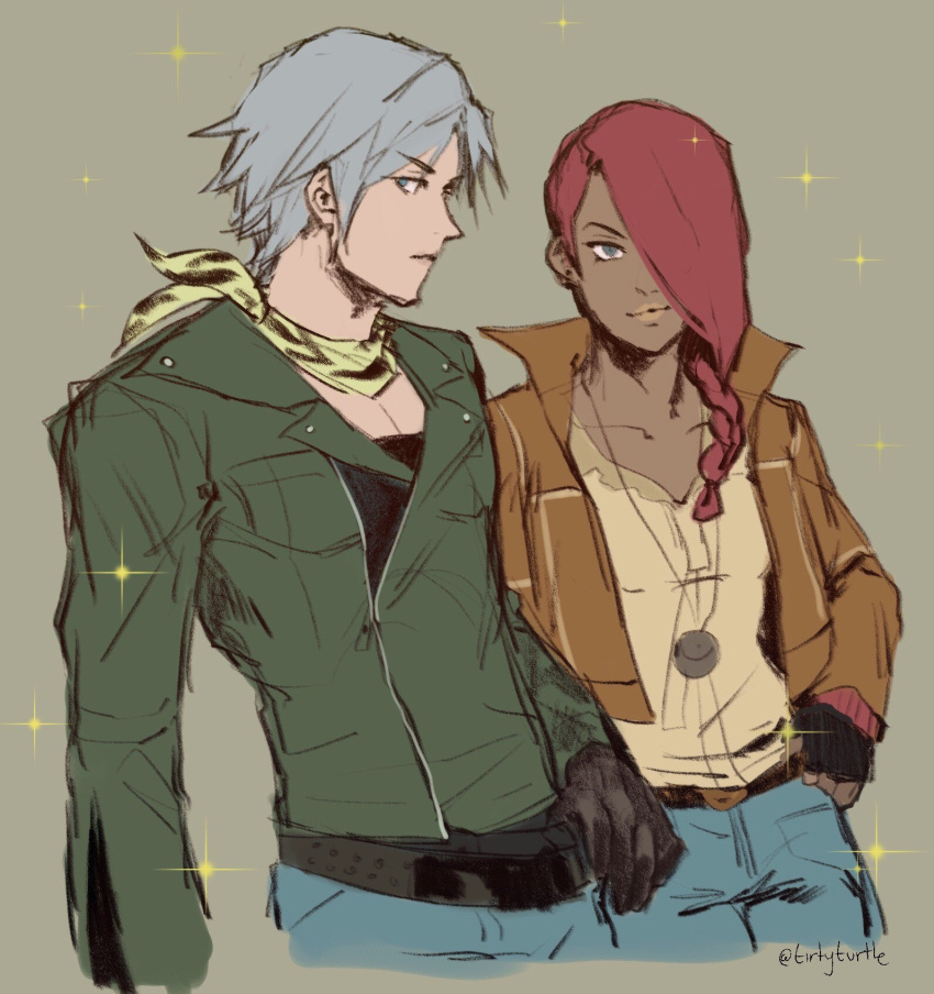 1boy, 1girl, belt, black_gloves, blue_eyes, dante_(devil_may_cry), dark-skinned_female, dark_skin