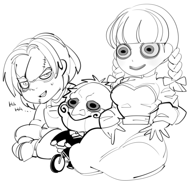 1girl, 2boys, annabelle_(annabelle), annabelle_(movie), bow, bowtie, braid, child's_play
