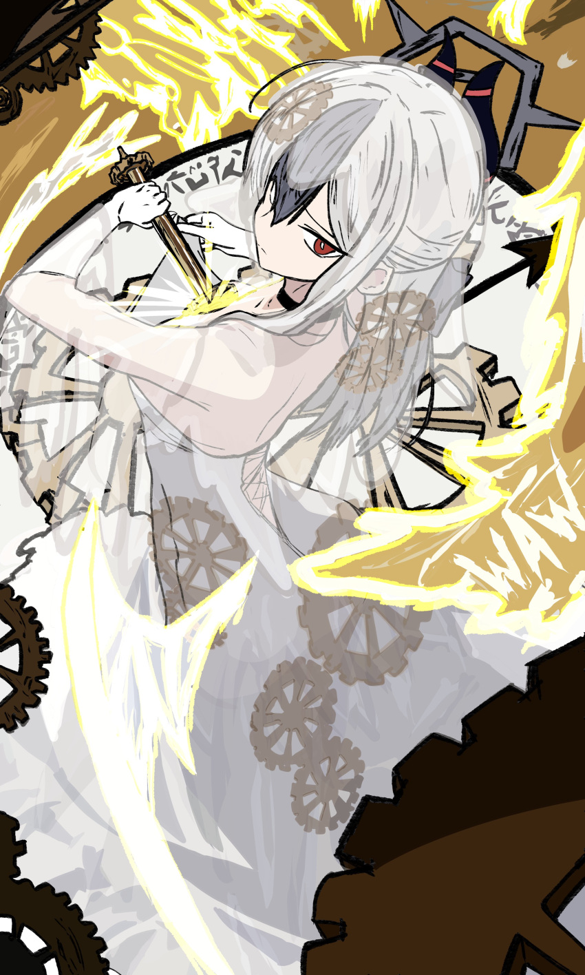 1girl, 218_(niiya), absurdres, blue_archive, dress, e.g.o_(project_moon), everlasting_(e.g.o), gears, halo, highres, holding, holding_sword, holding_weapon, horns, kayoko_(blue_archive), limbus_company, multicolored_hair, project_moon, red_eyes, sword, weapon, white_dress