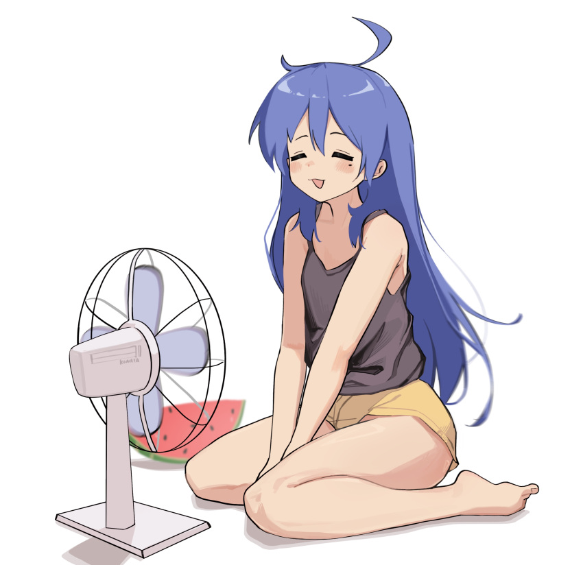 1girl, :3, absurdres, ahoge, baisebandaoti1, barefoot, between_legs, black_shirt, blue_hair, closed_eyes, electric_fan, feet, food, fruit, full_body, hand_between_legs, highres, izumi_konata, long_hair, lucky_star, mole, mole_under_eye, on_floor, open_mouth, shirt, shorts, sitting, sleeveless, sleeveless_shirt, solo, toes, wariza, watermelon, watermelon_slice, white_background, yellow_shorts