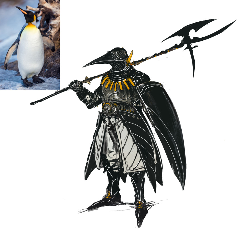1other, animal, armor, bird, black_armor, commentary, faulds, full_armor