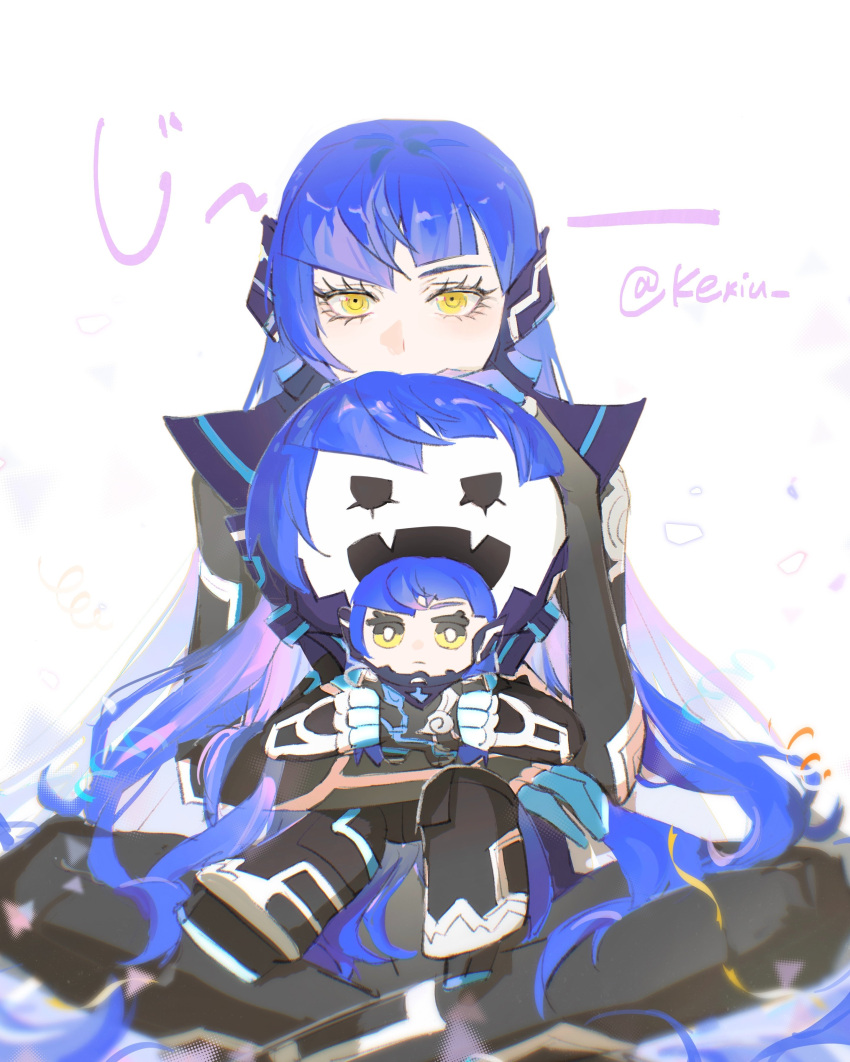 1boy, absurdres, blue_hair, character_doll, commentary, crossed_legs, english_commentary, eyelashes