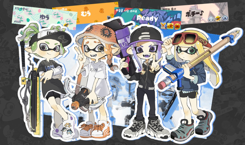 .52_gal_(splatoon), 4girls, baseball_cap, black_hat, black_pants, black_shirt, blonde_hair, bow_(weapon)
