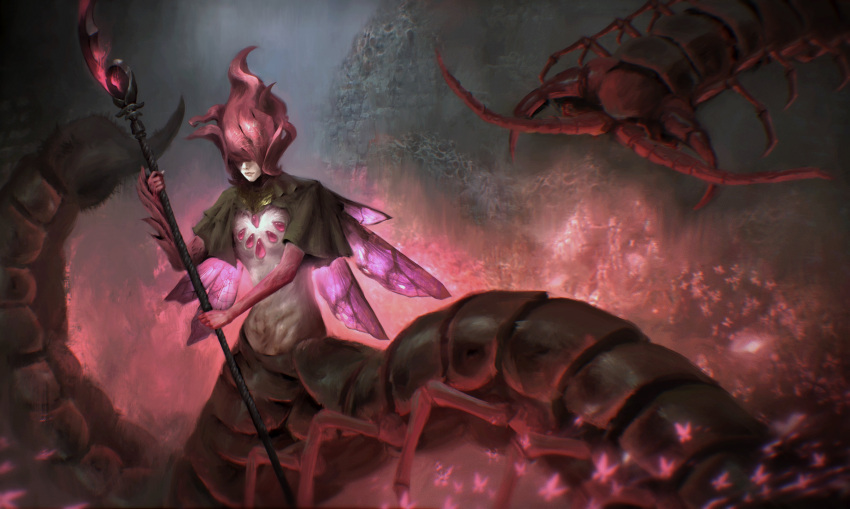 1girl, absurdres, arthropod_girl, black_capelet, bug, butterfly, capelet, centipede, centipede_girl, closed_mouth, commentary, commission, elden_ring, elden_ring:_shadow_of_the_erdtree, english_commentary, glaive_(polearm), highres, holding, holding_polearm, holding_weapon, monster_girl, polearm, rioyudha22, romina_saint_of_the_bud, weapon