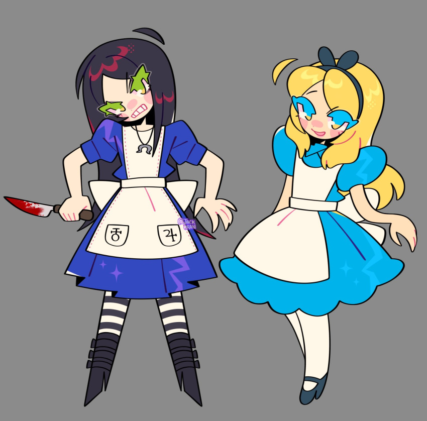 2girls, alice_(alice_in_wonderland), alice_in_wonderland, alice_in_wonderland_(disney), alice_liddell_(american_mcgee's_alice), american_mcgee's_alice, apron, artist_name, back_bow, black_footwear, black_hair, black_hairband, blonde_hair, blood, blood_on_knife, blue_dress, blue_eyes, boots, bow, bow_hairband, clenched_teeth, crossover, detached_hair, disney, dress, electronic_arts, full_body, green_eyes, grey_background, hairband, high_heel_boots, high_heels, highres, holding, holding_knife, jack0ran, knife, long_hair, looking_at_viewer, mary_janes, multiple_girls, pantyhose, shoes, simple_background, smile, standing, striped_clothes, striped_pantyhose, teeth, white_apron, white_bow, white_pantyhose