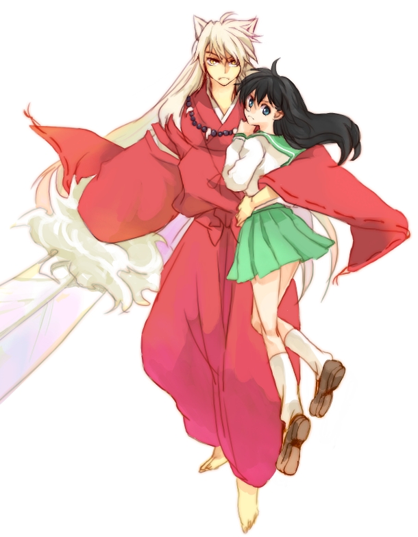 bad_id, barefoot, black_hair, blue_eyes, dog_ears, height_difference, higurashi_kagome, inuyasha, inuyasha_(character), japanese_clothes, kimono, long_hair, school_uniform, serafuku, simple_background, size_difference, sword, weapon, white_hair, yamato_pochi, yellow_eyes
