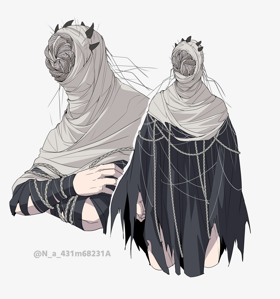 1boy, am_(blackant), bandages, black_cloak, cloak, commentary_request, crossed_arms, elden_ring