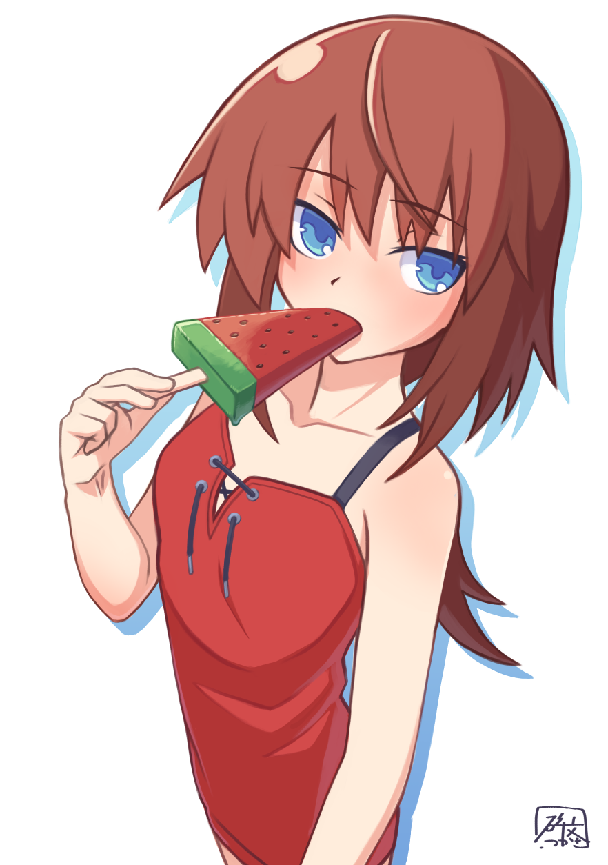 1girl, blue_eyes, brown_hair, collarbone, dress, drop_shadow, eyelashes, food