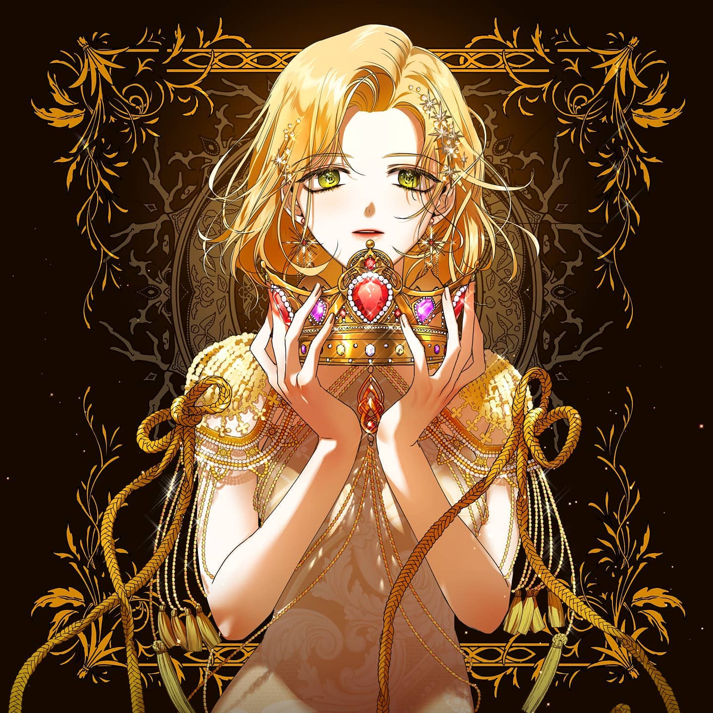 1girl, blonde_hair, bodysuit, commentary_request, cover_image, crown, dangle_earrings, earrings